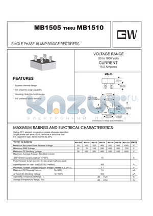 MB151 datasheet - SINGLE PHASE 15 AMP BRIDGE RECTIFIERS