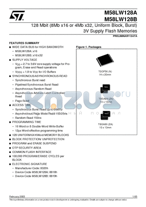 M58LW128B150N6T datasheet - 128 Mbit 8Mb x16 or 4Mb x32, Uniform Block, Burst 3V Supply Flash Memories