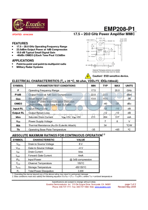 EMP208-P1 datasheet - 17.5 - 20.0 GHz Power Amplifier MMIC