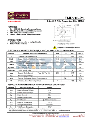 EMP210-P1 datasheet - 9.5 - 12.0 GHz Power Amplifier MMIC