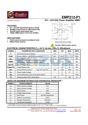 EMP212-P1 datasheet - 9.0 - 12.0 GHz Power Amplifier MMIC