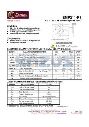 EMP211-P1 datasheet - 9.0 - 12.0 GHz Power Amplifier MMIC