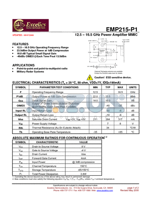 EMP215-P1 datasheet - 12.5 - 16.5 GHz Power Amplifier MMIC