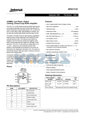 HFA1115 datasheet - 225MHz, Low Power, Output Limiting, Closed Loop Buffer Amplifier