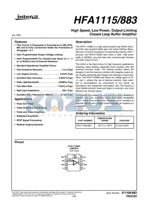 HFA1115/883 datasheet - High Speed, Low Power, Output Limiting Closed Loop Buffer Amplifier