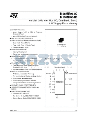 M58MR064C120ZC6T datasheet - 64 Mbit 4Mb x16, Mux I/O, Dual Bank, Burst 1.8V Supply Flash Memory