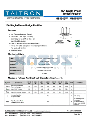 MB1510W datasheet - 15A Single-Phase Bridge Rectifier
