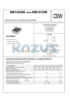 MB1510W datasheet - SINGLE PHASE 15 AMP BRIDGE RECTIFIERS