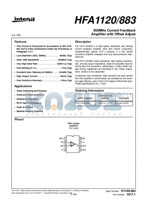 HFA1120 datasheet - 850MHz Current Feedback Amplifier with Offset Adjust