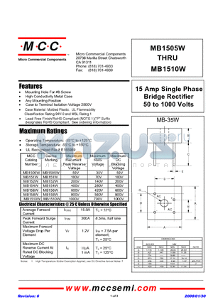 MB151W datasheet - 15 Amp Single Phase Bridge Rectifier 50 to 1000 Volts
