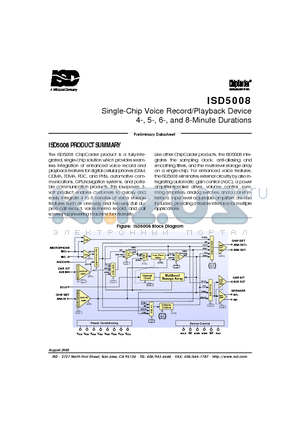 ISD5008 datasheet - SINGLE CHIP VOICE RECORD PLAYBACK DEVICE 4-, 5-, 6-, AND 8- MINUTE DURATIONS