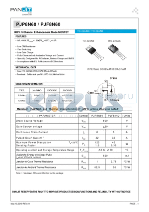 PJP8N60 datasheet - 600V N-Channel Enhancement Mode MOSFET