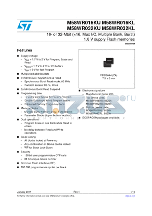 M58WR016KL60ZA6E datasheet - 16- or 32-Mbit (16, Mux I/O, Multiple Bank, Burst) 1.8 V supply Flash memories