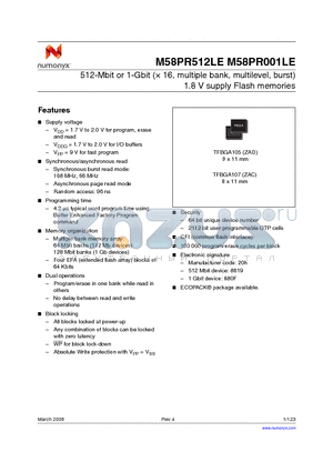 M58PR512LE datasheet - 512-Mbit or 1-Gbit ( 16, multiple bank, multilevel, burst) 1.8 V supply Flash memories