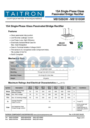 MB152GW datasheet - 15A Single-Phase Glass Passivated Bridge Rectifier