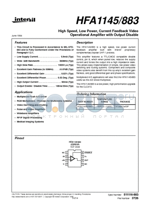 HFA1145 datasheet - High Speed, Low Power, Current Feedback Video Operational Amplifier with Output Disable