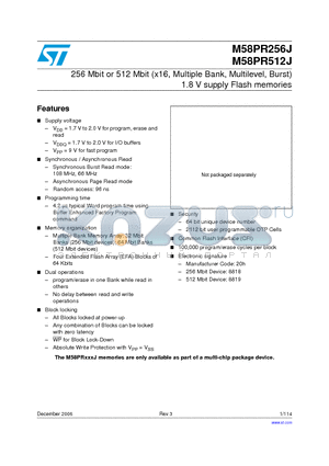 M58PR512JE96ZB5F datasheet - 256 Mbit or 512 Mbit (x16, Multiple Bank, Multilevel, Burst) 1.8 V supply Flash memories