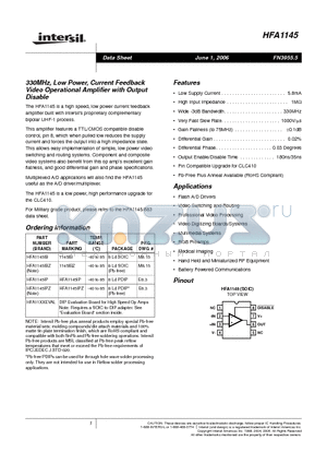 HFA1145 datasheet - 330MHz, Low Power, Current Feedback Video Operational Amplifier with Output Disable