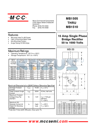 MB154 datasheet - 15 Amp Single Phase Bridge Rectifier 50 to 1000 Volts