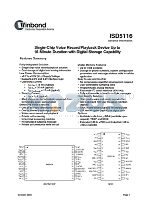 ISD5116EI datasheet - Single-Chip Voice Record/Playback Device Up to 16-Minute Duration with Digital Storage Capability