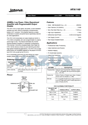HFA1149EVAL datasheet - 450MHz, Low Power, Video Operational Amplifier with Programmable Output Disable
