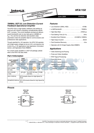 HFA1150_04 datasheet - 700MHz, SOT-23, Low Distortion Current Feedback Operational Amplifier