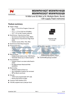 M58WR016QB datasheet - 16 Mbit and 32 Mbit (x16, Multiple Bank, Burst) 1.8V supply Flash memories