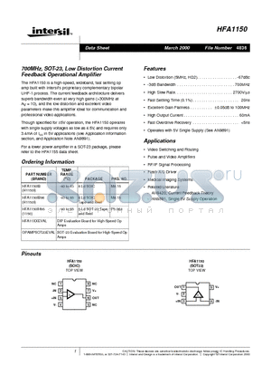 HFA1150EVAL datasheet - 700MHz, SOT-23, Low Distortion Current Feedback Operational Amplifier