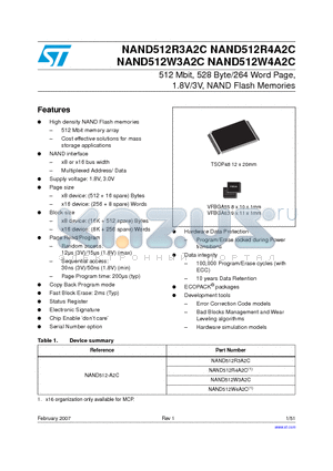 NAND512W4A2C datasheet - 512 Mbit, 528 Byte/264 Word Page, 1.8V/3V, NAND Flash Memories