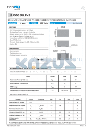 PJSD05ULFN2 datasheet - SINGLE LINE LOW CAPACITANCE TVS DIODE FOR ESD PROTECTION IN PORTABLE ELECTRONICS