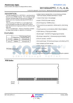 MH16S64APFC-8L datasheet - 1,073,741,824-BIT (16,777,216 - WORD BY 64-BIT)SynchronousDRAM