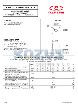 KBPC1006 datasheet - SINGLE PHASE SILICON BRIDGE RECTIFIER VOLTAGE:50 TO 1000V CURRENT:10.0A