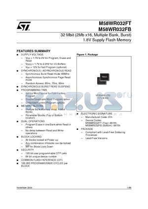 M58WR032FB60ZB6E datasheet - 32 Mbit (2Mb x 16, Multiple Bank, Burst) 1.8V Supply Flash Memory