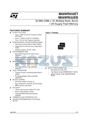 M58WR032EB80ZB6T datasheet - 32 Mbit (2Mb x 16, Multiple Bank, Burst) 1.8V Supply Flash Memory