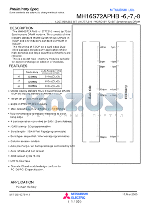 MH16S72APHB-6 datasheet - 1,207,959,552-BIT (16,777,216 - WORD BY 72-BIT)Synchronous DRAM