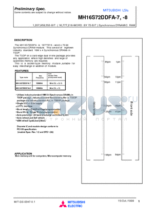 MH16S72DDFA-8 datasheet - 1,207,959,552-BIT ( 16,777,216-WORD BY 72-BIT ) Synchronous DYNAMIC RAM