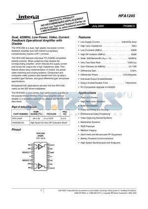 HFA1245IP datasheet - Dual, 420MHz, Low Power, Video, Current Feedback Operational Amplifier with Disable