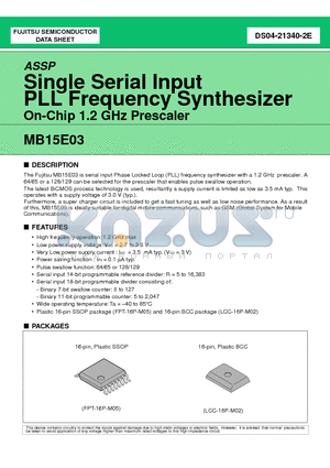MB15E03PFV1 datasheet - Single Serial Input PLL Frequency Synthesizer On-Chip 1.2 GHz Prescaler
