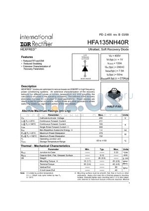 HFA135NH40R datasheet - HEXFRED Ultrafast, Soft Recovery Diode