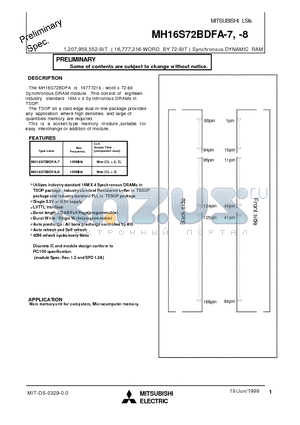 MH16S72BDFA-7 datasheet - 1,207,959,552-BIT ( 16,777,216-WORD BY 72-BIT ) Synchronous DYNAMIC RAM