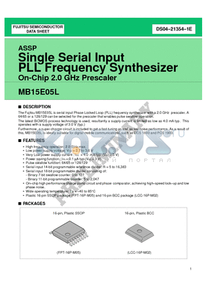 MB15E05LPV datasheet - Single Serial Input PLL Frequency Synthesizer On-Chip 1.2 GHz Prescaler