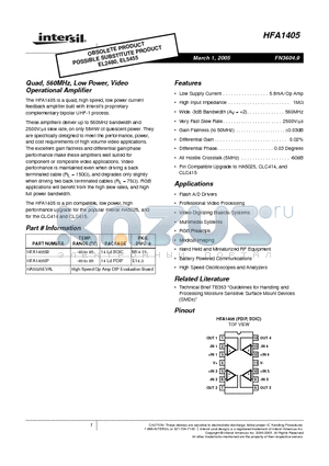 HFA1405IP datasheet - Quad, 560MHz, Low Power, Video Operational Amplifier