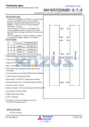 MH16S72DAMD-7 datasheet - 1207959552-BIT (16777216 - WORD BY 72-BIT)Synchronous DRAM