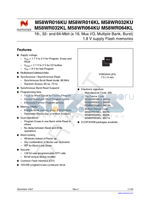 M58WR032KU70ZA6E datasheet - 16-, 32- and 64-Mbit (x 16, Mux I/O, Multiple Bank, Burst) 1.8 V supply Flash memories