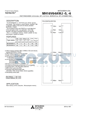MH16V64AWJ-5 datasheet - FAST PAGE MODE 1073741824 - BIT ( 16777216 - WORD BY 64 - BIT ) DYNAMIC RAM