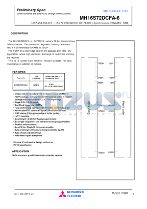 MH16S72DCFA-6 datasheet - 1,207,959,552-BIT ( 16,777,216-WORD BY 72-BIT ) Synchronous DYNAMIC RAM