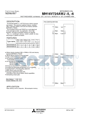MH16V724AWJ-6 datasheet - FAST PAGE MODE 1207959552 - BIT ( 16777216 - WORD BY 72 - BIT ) DYNAMIC RAM