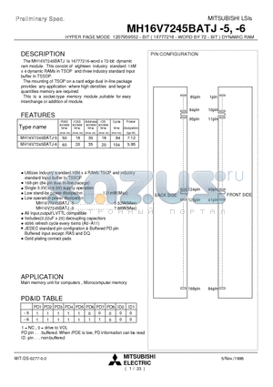 MH16V7245BATJ-6 datasheet - HYPER PAGE MODE 1207959552 - BIT ( 16777216 - WORD BY 72 - BIT ) DYNAMIC RAM