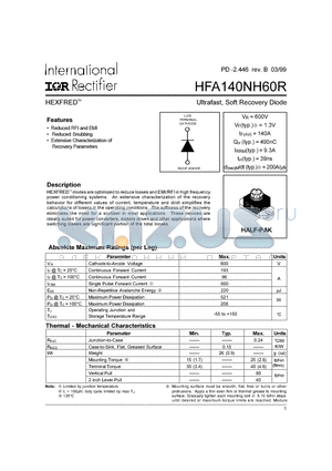 HFA140NH60R datasheet - ultrafast, soft recovery diode