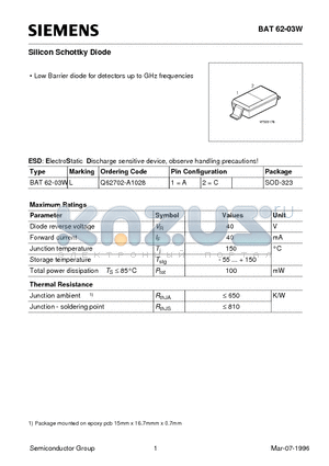 Q62702-A1028 datasheet - Silicon Schottky Diode (Low Barrier diode for detectors up to GHz frequencies)